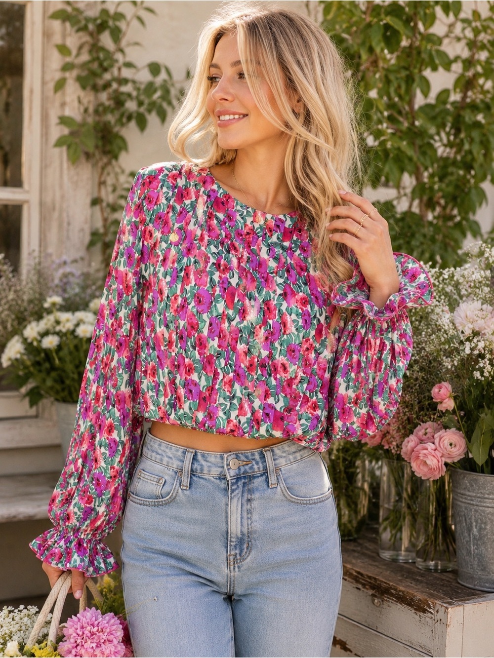 Hausen Pleated Floral Crop Top Small Watercolor Flower Blouse Cottagecore